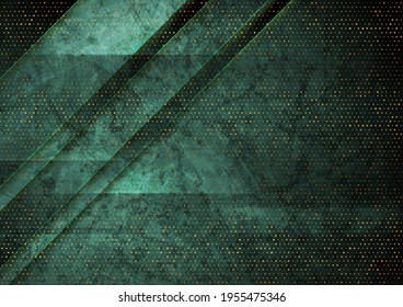 Dark green and golden abstract tech geometric grunge background. Luxury glitter dots concept vector design