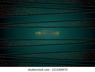 Fondo geométrico abstracto tecnológico oscuro verde y dorado. Diseño vectorial de puntos de brillo de lujo