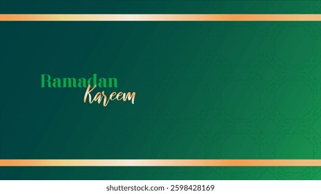 Dark green gradient background. Gold horizontal bands top and bottom. Calligraphic "Ramadan Kareem" text with gold effect. Subtle Islamic geometric pattern in the lower right corner. 