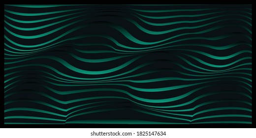 Dark green gradient background with wavy lines.