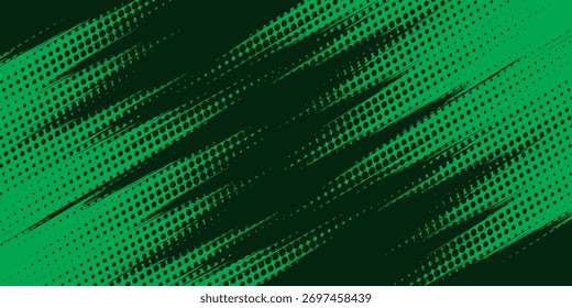 Fondo de textura grunge degradado verde oscuro con patrón de puntos verdes semitonos. Ilustración vectorial