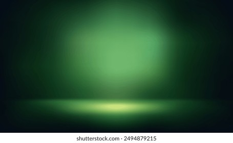 Dark green gradient studio abstract background pattern, lighted walls and floor, empty room displaying products in natural tones, environmental protection, forest or tree.