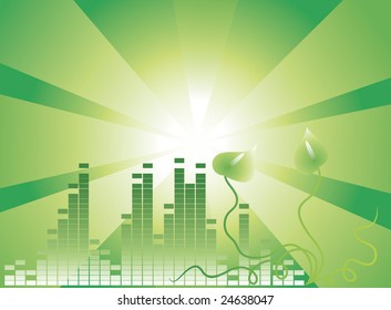 Dark green graphic equalizer on a green gradient background