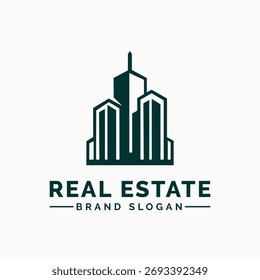 Un logotipo gráfico verde oscuro presenta una representación estilizada de tres edificios altos de diferentes alturas