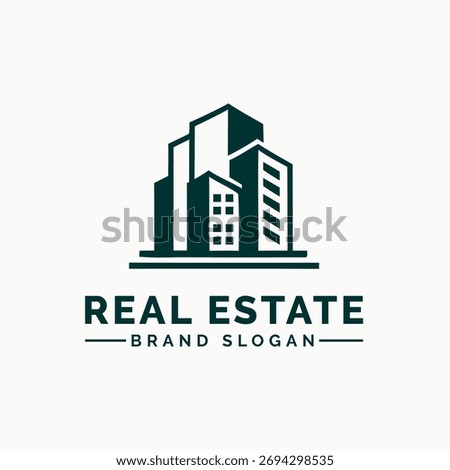 A dark green graphic logo featuring a stylized cluster of modern buildings
