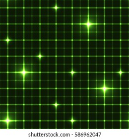 Dark green grid with shining points. Laser net with glow intersects on green dark background. Seamless pattern with green neon regular lines and light cross.