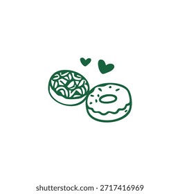 Imagen verde oscuro dibujado a mano de dos donas y dos corazones sobre un fondo blanco
