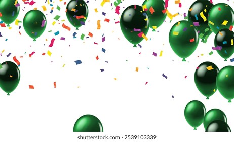 Dark green Happy Birthday party balloon background with greeting confetti. Abstract luxury anniversary banner decoration. Realistic white background transparent