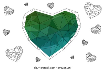 Dark Green heart isolated on white background. Geometric rumpled triangular low poly origami style gradient graphic illustration. Vector polygonal design for your business.