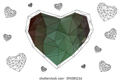 Dark Green heart isolated on white background. Geometric rumpled triangular low poly origami style gradient graphic illustration. Vector polygonal design for your business.