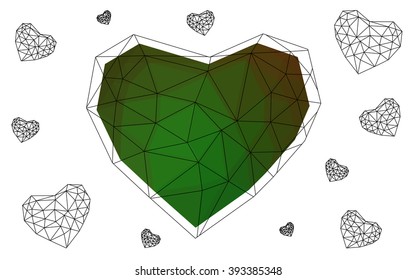 Dark Green heart isolated on white background. Geometric rumpled triangular low poly origami style gradient graphic illustration. Vector polygonal design for your business.