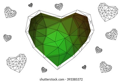 Dark Green heart isolated on white background. Geometric rumpled triangular low poly origami style gradient graphic illustration. Vector polygonal design for your business.