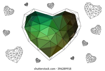 Dark Green heart isolated on white background. Geometric rumpled triangular low poly origami style gradient graphic illustration. Vector polygonal design for your business.