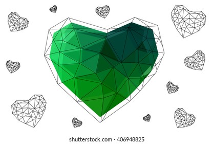 Dark Green heart isolated on white background. Geometric rumpled triangular low poly origami style gradient graphic illustration. Vector polygonal design for your business.