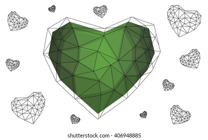 Dark Green heart isolated on white background. Geometric rumpled triangular low poly origami style gradient graphic illustration. Vector polygonal design for your business.