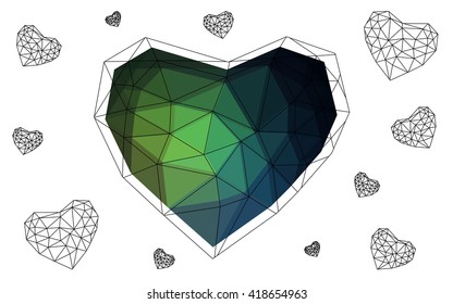 Dark Green heart isolated on white background. Geometric rumpled triangular low poly origami style gradient graphic illustration. Vector polygonal design for your business.