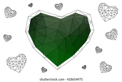 Dark Green heart isolated on white background. Geometric rumpled triangular low poly origami style gradient graphic illustration. Vector polygonal design for your business.