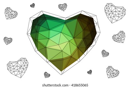 Dark Green heart isolated on white background. Geometric rumpled triangular low poly origami style gradient graphic illustration. Vector polygonal design for your business.