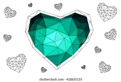 Dark Green heart isolated on white background. Geometric rumpled triangular low poly origami style gradient graphic illustration. Vector polygonal design for your business.