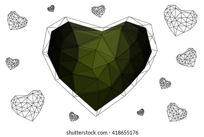 Dark Green heart isolated on white background. Geometric rumpled triangular low poly origami style gradient graphic illustration. Vector polygonal design for your business.