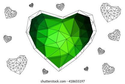 Dark Green heart isolated on white background. Geometric rumpled triangular low poly origami style gradient graphic illustration. Vector polygonal design for your business.