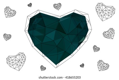 Dark Green heart isolated on white background. Geometric rumpled triangular low poly origami style gradient graphic illustration. Vector polygonal design for your business.