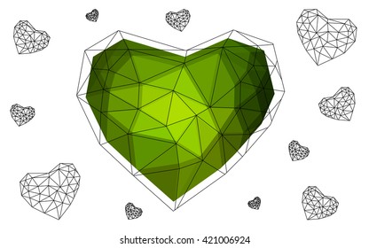 Dark Green heart isolated on white background. Geometric rumpled triangular low poly origami style gradient graphic illustration. Vector polygonal design for your business.