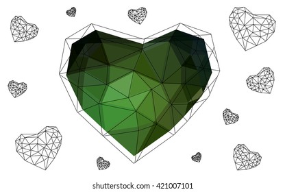 Dark Green heart isolated on white background. Geometric rumpled triangular low poly origami style gradient graphic illustration. Vector polygonal design for your business.