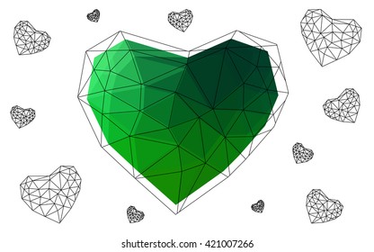 Dark Green heart isolated on white background. Geometric rumpled triangular low poly origami style gradient graphic illustration. Vector polygonal design for your business.