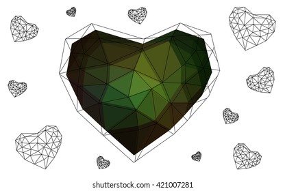 Dark Green heart isolated on white background. Geometric rumpled triangular low poly origami style gradient graphic illustration. Vector polygonal design for your business.