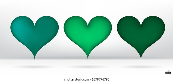 Colección vectorial 3D de corazones verdes oscuros aislados en fondo blanco.Símbolo de amor y Día de San Valentín.Icono de forma corazón vector para tarjeta de diseño.