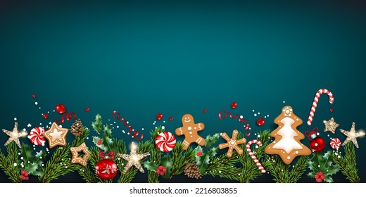 Dark green holiday background with gingerbread and Christmas decorations. Balls, stars, gingerbreads, fir tree branches isolated. Winter holiday banner