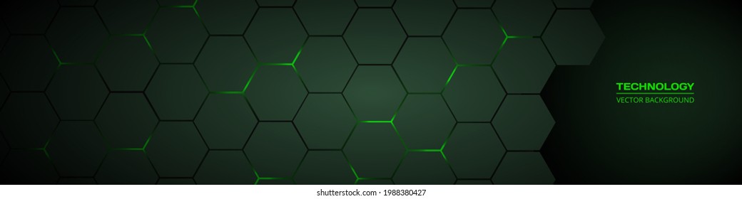 Fondo vector abstracto de tecnología hexagonal horizontal verde oscuro. La energía verde brillante estalla bajo el hexágono en una bandera futurista moderna y ancha de tecnología. Cuadrícula de textura de abeja de tecnología oscura.