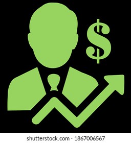 Dark Green Icon showing a man with an arrow going upwards and a dollar sign in black background.