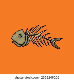 Dark Green illustration features a detailed fish skeleton laid against a vivid orange backdrop, highlighting it's intricate design and artistic appeal.