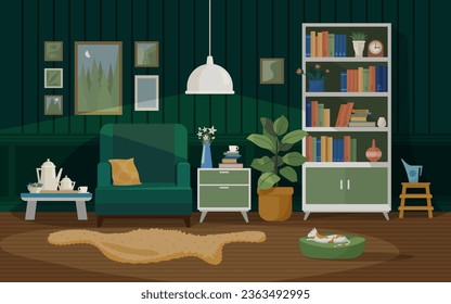 dark green interior of the library. the cat sleeps on the ottoman. there is a teapot, a cup and sweets on the table. large bookcase and decorative items. pictures on the wall. ficus and coffee table