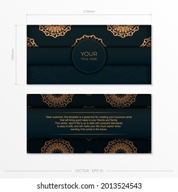 Plantilla de tarjeta de invitación verde oscuro con ornamento indio. Elementos vectoriales elegantes y clásicos listos para la impresión y la tipografía.