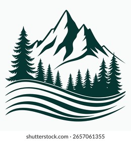 Logotipo de montanha verde escuro Jagged com cordilheira Pine Trees