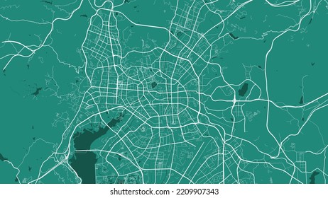 Dark green Kunming city area vector background map, roads and water illustration. Widescreen proportion, digital flat design roadmap.