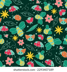 Dark green Ladybugs and bees seamless pattern background. Cartoon ladybirds and bees flying. Doodle bugs pattern.