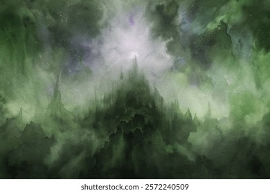 Dark green landscape, mystical atmosphere, abstract watercolor, ethereal light, fantasy background, dramatic scenery.