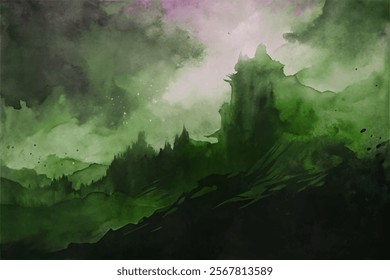 Dark green landscape, mystical mountains, atmospheric watercolor painting, serene nature scene, fantasy art style.