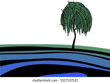 Dark green landscape with trees. Background with trees. Wavy ultramarine lines