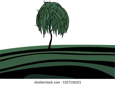Dark green landscape with trees without leaves. Background with trees. Green wavy lines