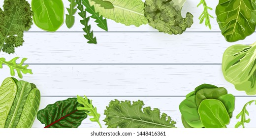 Dark green leafy vegetables frame on white wooden shabby desk. vector illustration template for decoration, fresh juicy raw leaves. Spinach, broccoli, kale, Collard. Healthy diet, vegetarian salads