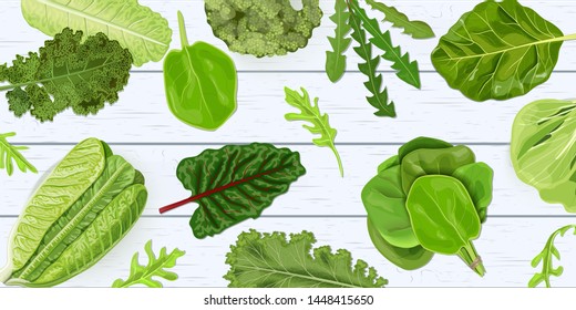 Verduras de hoja verde oscuro, sin fisuras, vectoriales en un escritorio de madera blanca. para la decoración, envoltura, postales, embalaje, textil, impresiones. hojas crudas jugosas. Espinacas, brócoli, lechuga, kale, coco