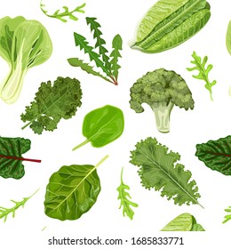 Hortalizas verdes oscuras y sin fisuras, aisladas en forma de vectores. hojas jugosas y frescas. Espinacas, Dandelion, brócoli, Romaine Lettuce, kale, Collard. Dieta sana, ensaladas de alimentos vegetarianos, impresión textil