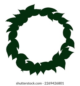 Dark and green leaves in rounded wreath silhouette, isolated over white background.