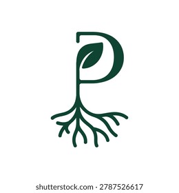 Dark green letter P with leaf and roots on white background