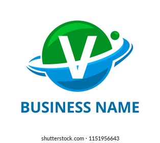 dark green and light blue color planet circle get slice into half logo graphic design with modern clean style for protection or security company with initial type letter v on it